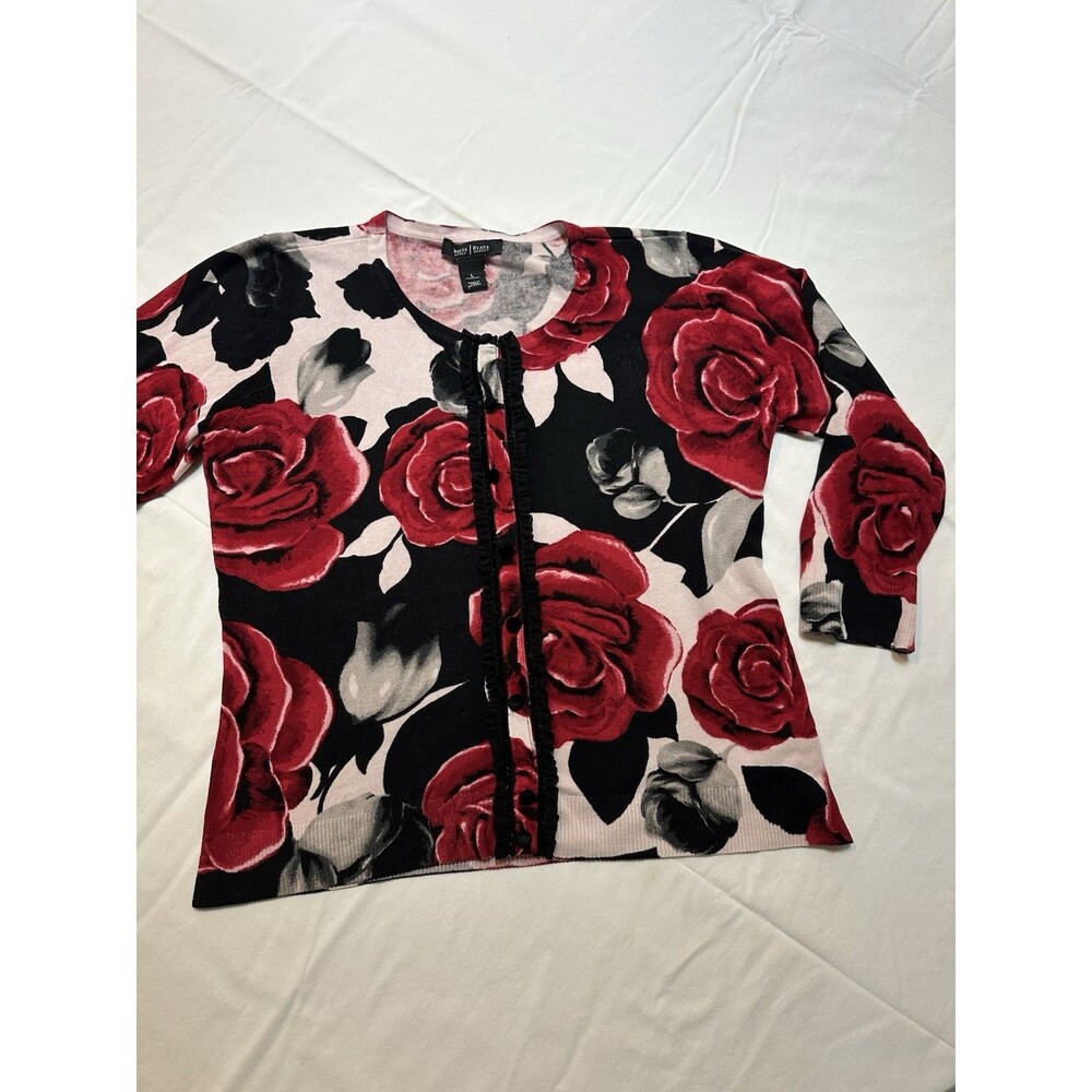 White House Black Market Floral Snap-Front Cardigan Size L Black Pink and Red - Picture 2 of 6